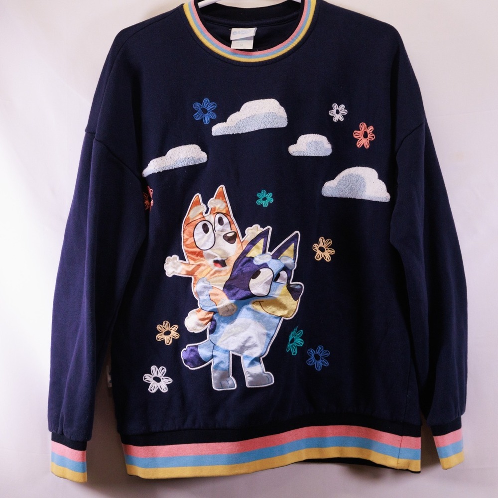 Box Lunch Womens Medium Bluey Bingo Heeler‎ Dog Daisy Crew Neck Blue Sweatshirt